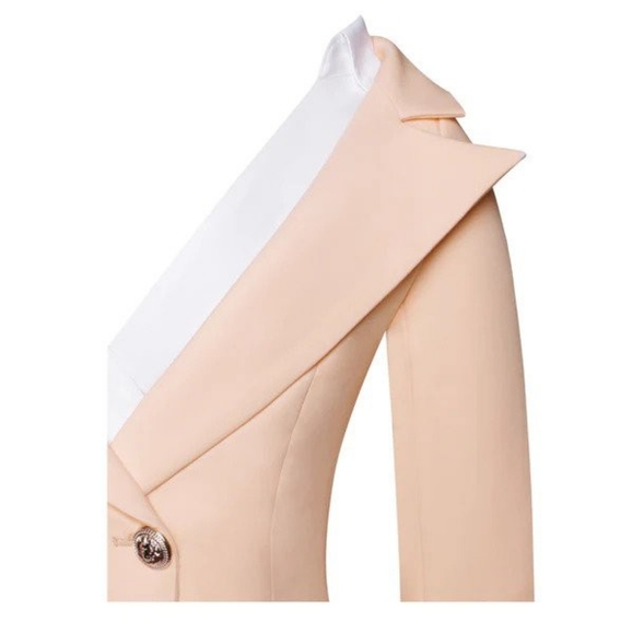 Elaine Illusion: Blush Pink Crepe Blazer Dress w/ White Collar L - Picture 6 of 6